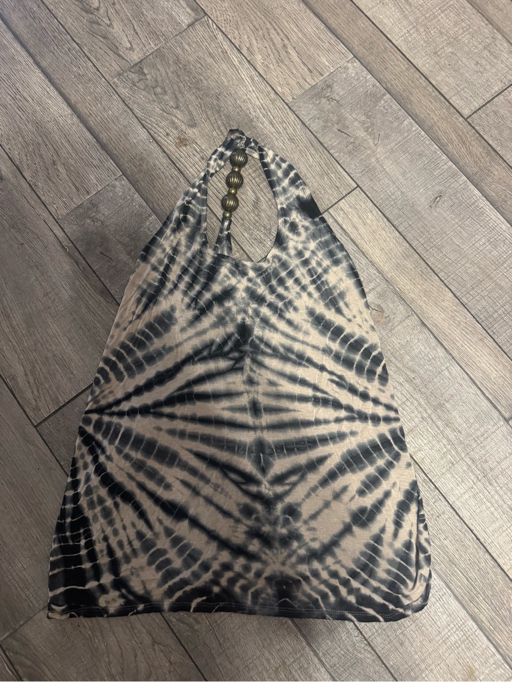 Tie-Dye Beaded Halter Tank Top - Black & Beige